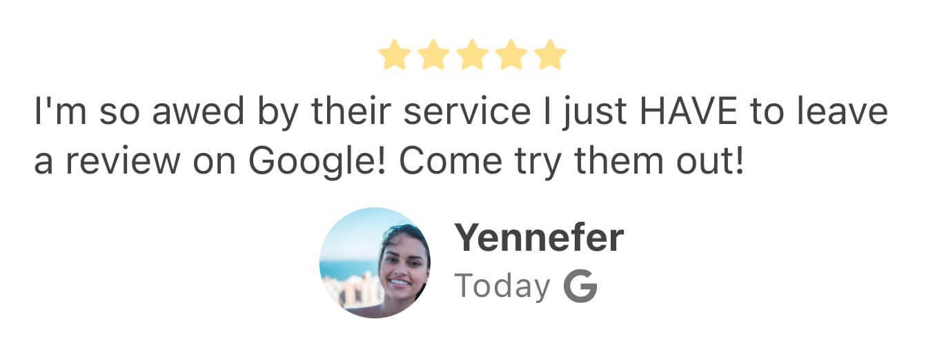 A review card showing a Google review from today by a happy customer