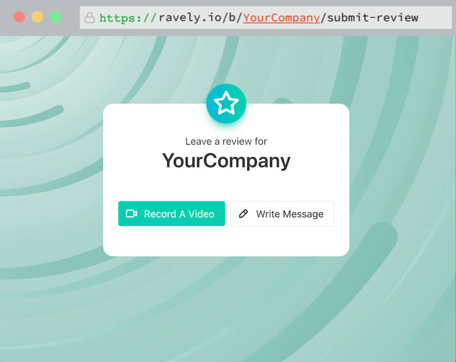 A screenshot of Ravely submit review page showing a header displaying the company name and 2 buttons — one for recording a video review and another for writing a text review